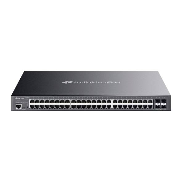Vue de face d'un commutateur réseau TP-Link en montage en rack avec 48 ports Ethernet et deux ports de liaison montante, présenté sur un fond blanc.