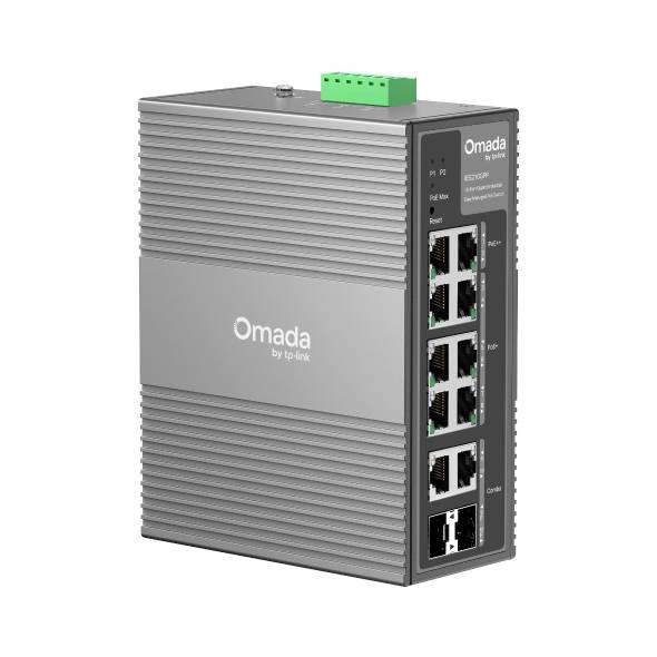 Commutateur Ethernet industriel Gray Omada de TP-Link avec huit ports RJ45 et un bloc de bornes d'alimentation vert sur le dessus.