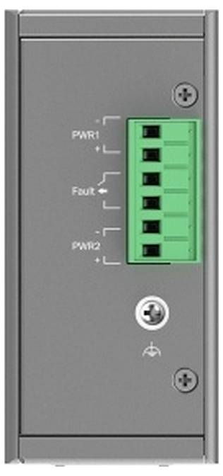Panneau avant d'un dispositif industriel gris avec un bloc de bornes à six ports de couleur verte étiqueté PWR1, Fault et PWR2, indiquant les connexions d'alimentation et de défaut.