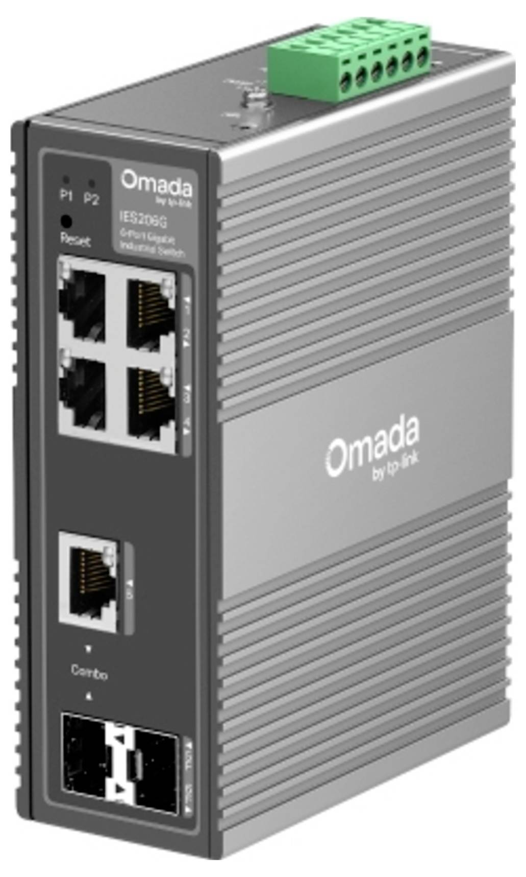 Commutateur Ethernet Omada industriel de TP-Link avec plusieurs ports RJ45 et un bloc de bornes supérieur, présenté sur un fond blanc.