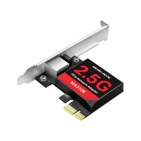 Carte adaptateur réseau PCIe Mercusys 2.5G avec support métallique et connecteur doré.