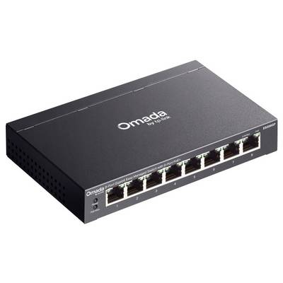 Commutateur Ethernet géré TP-Link Omada noir avec huit ports RJ45 frontaux et voyants DEL d'état, présenté sur fond blanc.