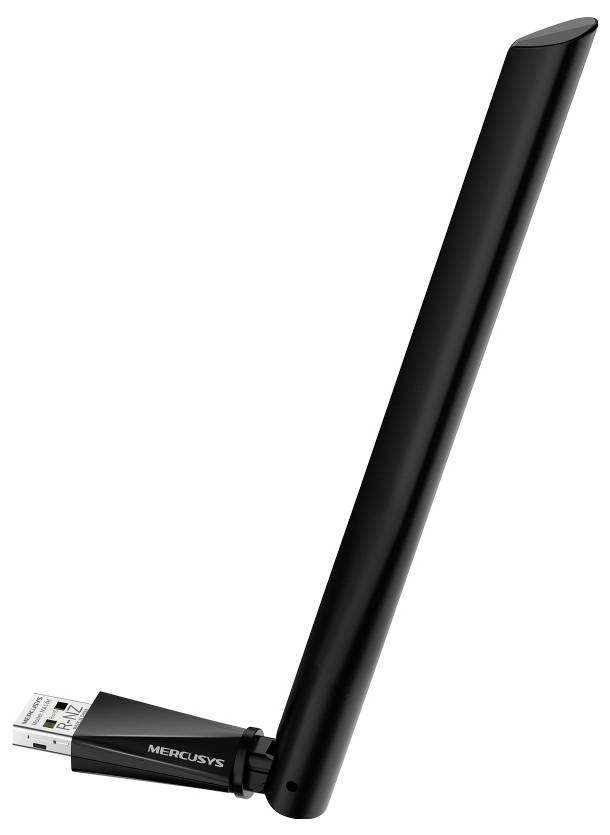 Adaptateur USB Wi-Fi Mercusys noir avec une longue antenne externe, présenté sur un fond blanc.