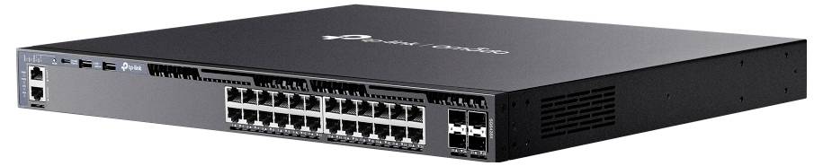 Un commutateur réseau noir monté en rack avec plusieurs ports Ethernet sur le panneau avant.