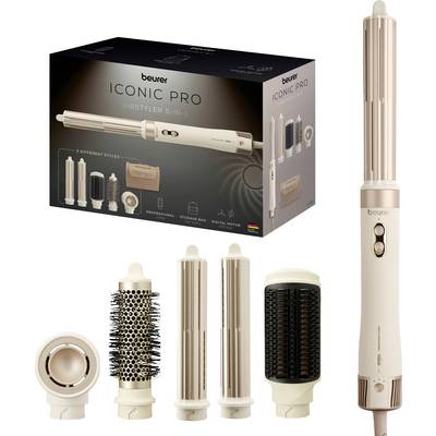 Sèche-cheveux Beurer ICONIC PRO Airstyler 5-en-1 avec boîte, appareil de coiffage portatif, et quatre accessoires détachables comprenant une brosse, des barils et un concentrateur.