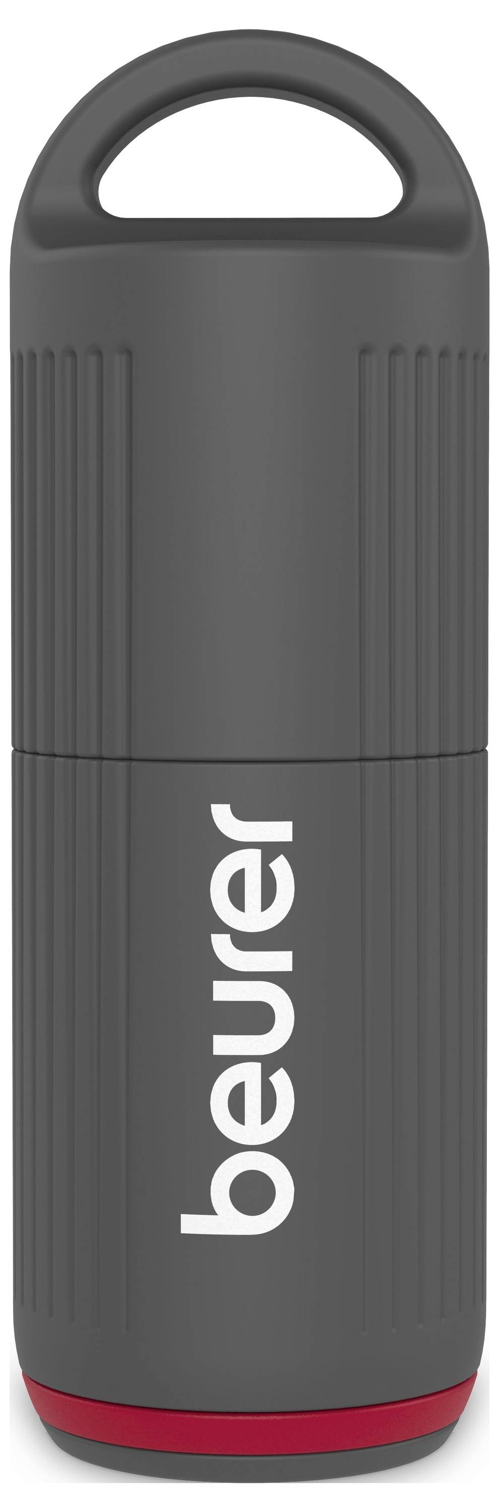 Bouteille isotherme réutilisable gris foncé avec poignée et base rouge, étiquetée « beurer » verticalement.