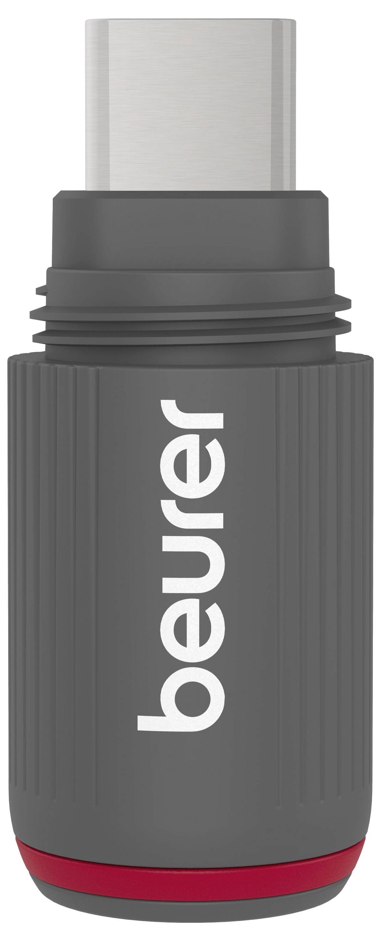 Adaptateur USB-C gris avec le logo 'beurer' vertical et un anneau d'accent rouge sur fond blanc.