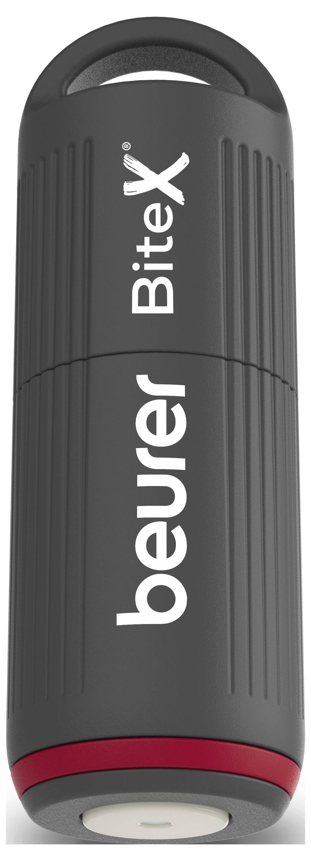 Distributeur de friandises pour animaux de compagnie Beurer Bite cylindrique noir ou jouet, présenté debout avec une poignée, logo vertical blanc « beurer Bite », et un anneau rouge près du bas.