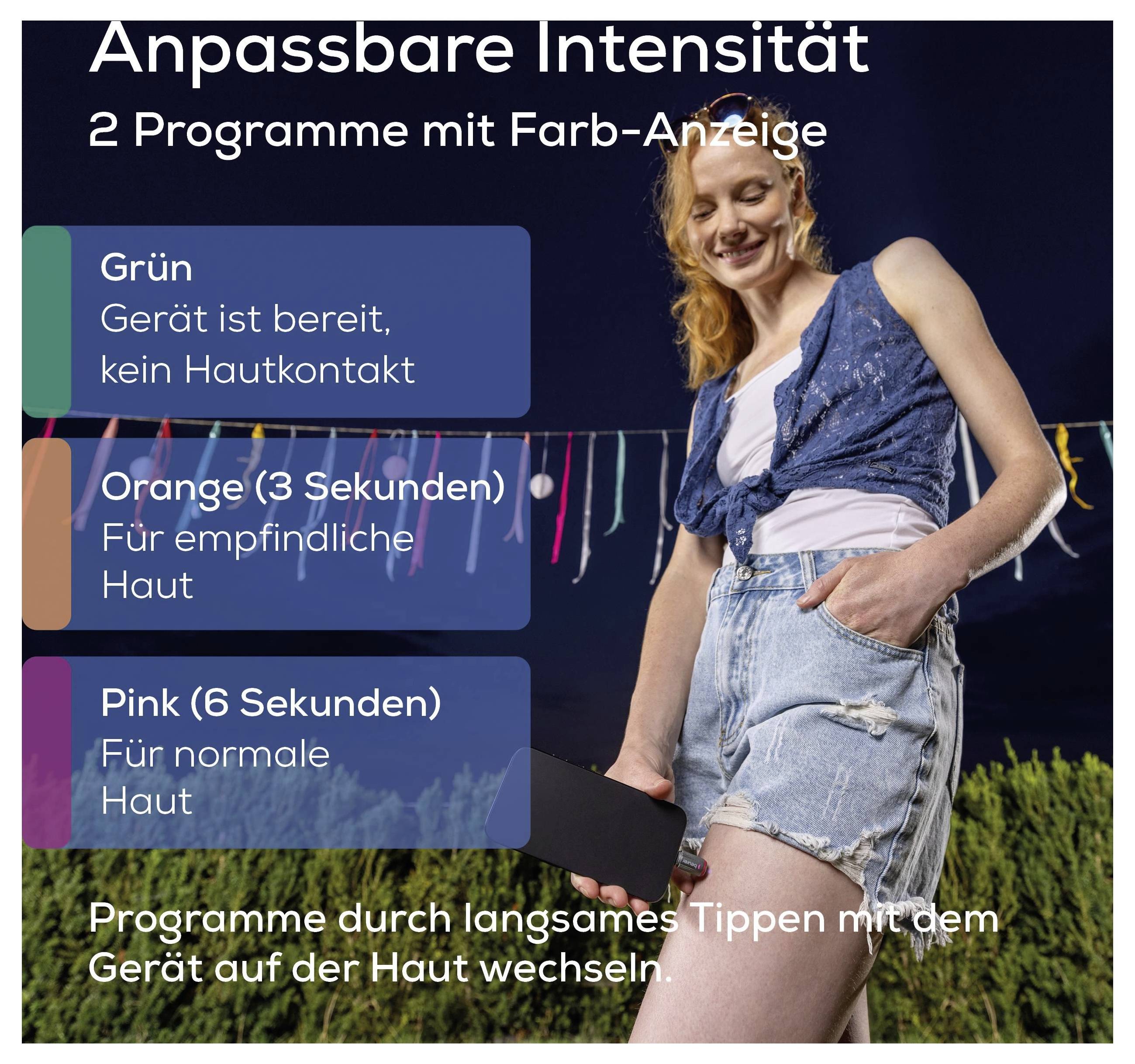 Graphique publicitaire avec une femme et un épilateur : « Intensité ajustable », 2 programmes avec affichage de couleur : Vert prêt, Orange 3 secondes pour peaux sensibles, Rose 6 secondes pour peaux normales.