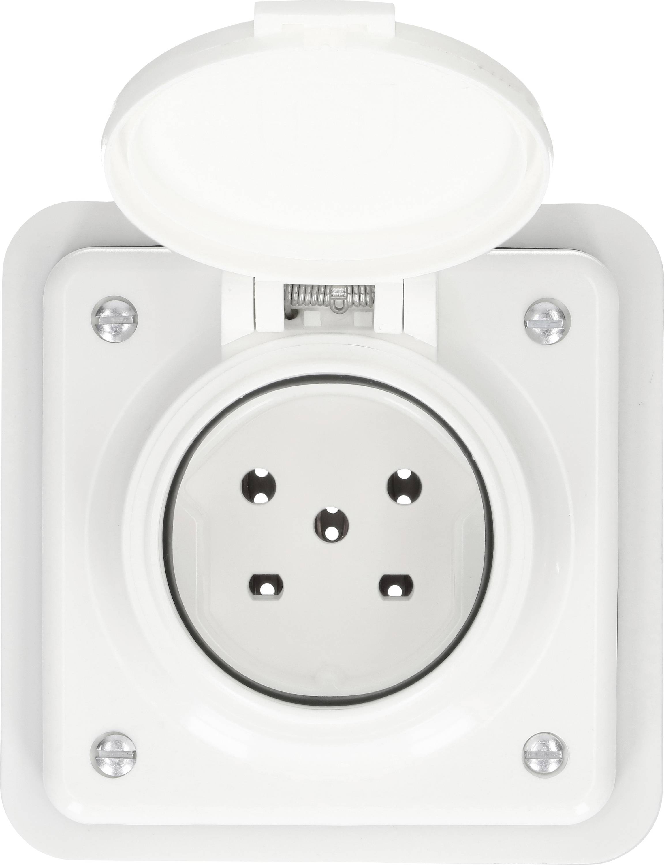 Prise électrique murale blanche avec couvercle de protection articulé, présentée de face sur un fond uni.