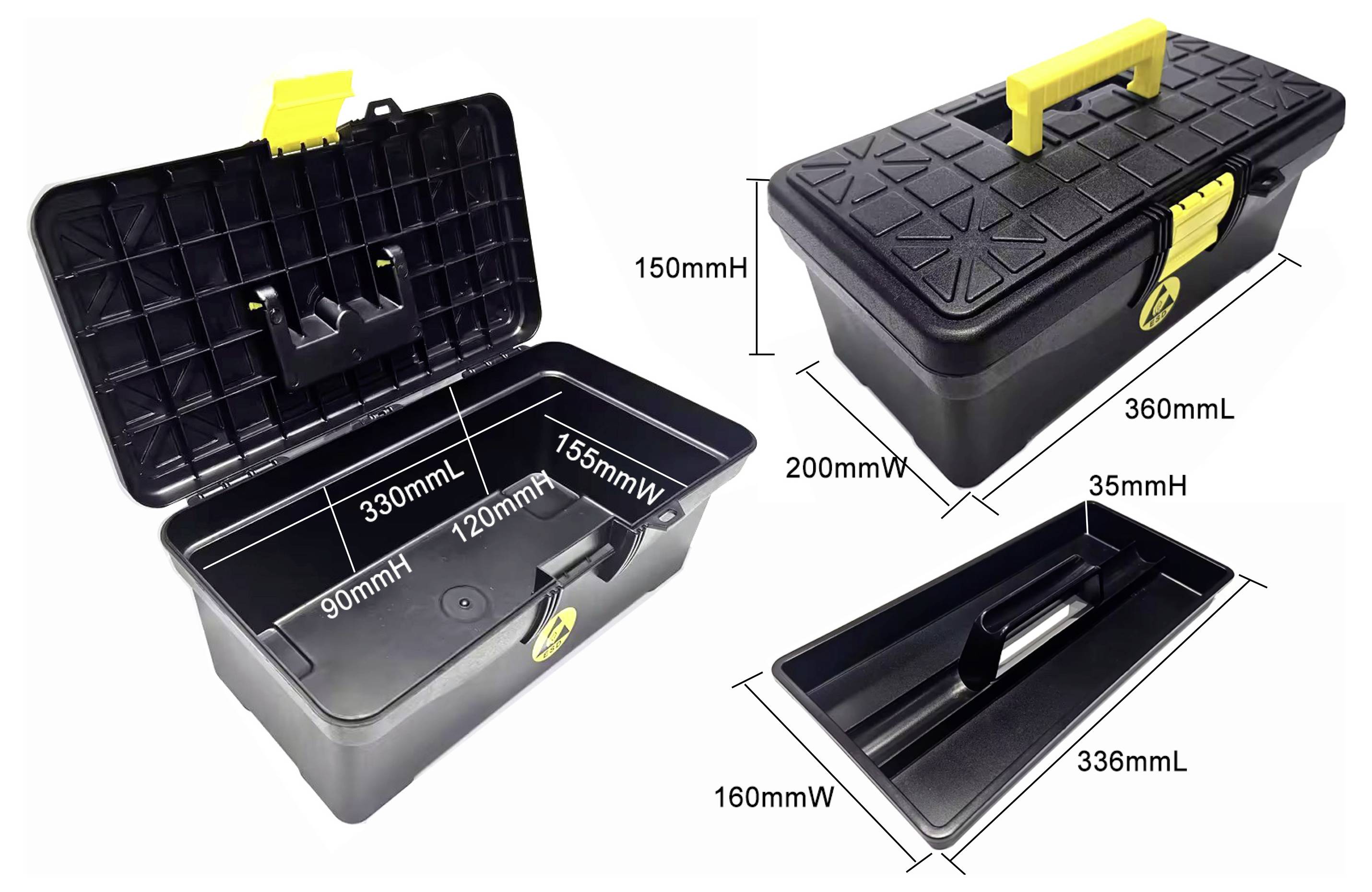 Diagramme des dimensions d'une boîte à outils en plastique noir avec poignée et loquet jaunes, montrant des vues ouvertes et fermées étiquetées 360mmL, 200mmL, 150mmH, et taille du plateau 336mmL par 160mmL par 35mmH.