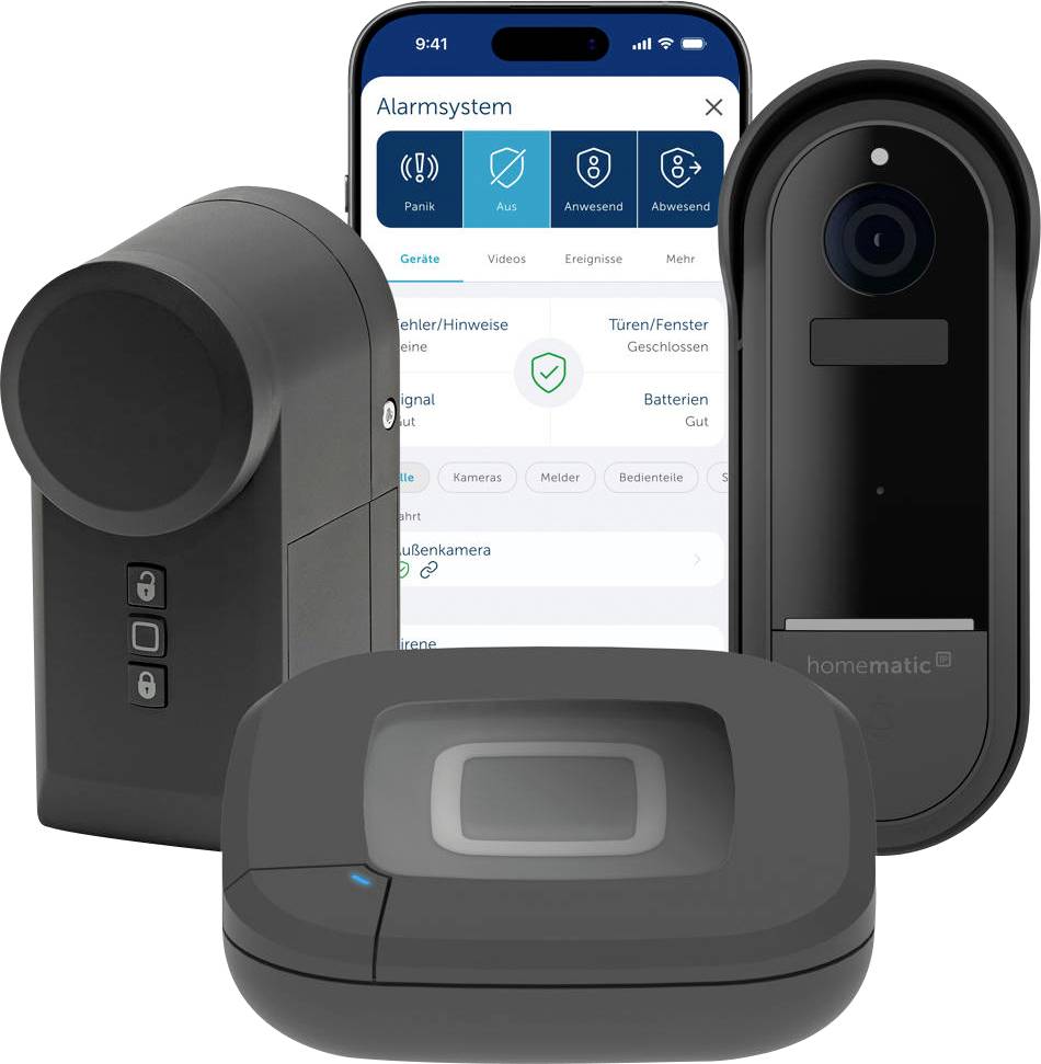 Appareils de sécurité pour maison intelligente et application sur téléphone, incluant caméra, capteur de mouvement et interface du système d'alarme.