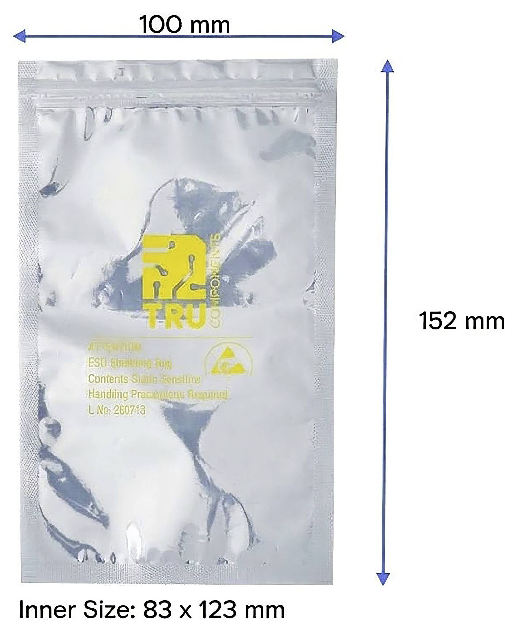 Sachet antistatique refermable argenté, étiqueté 152 mm de large et 100 mm de haut, avec dimensions intérieures 123 x 83 mm.