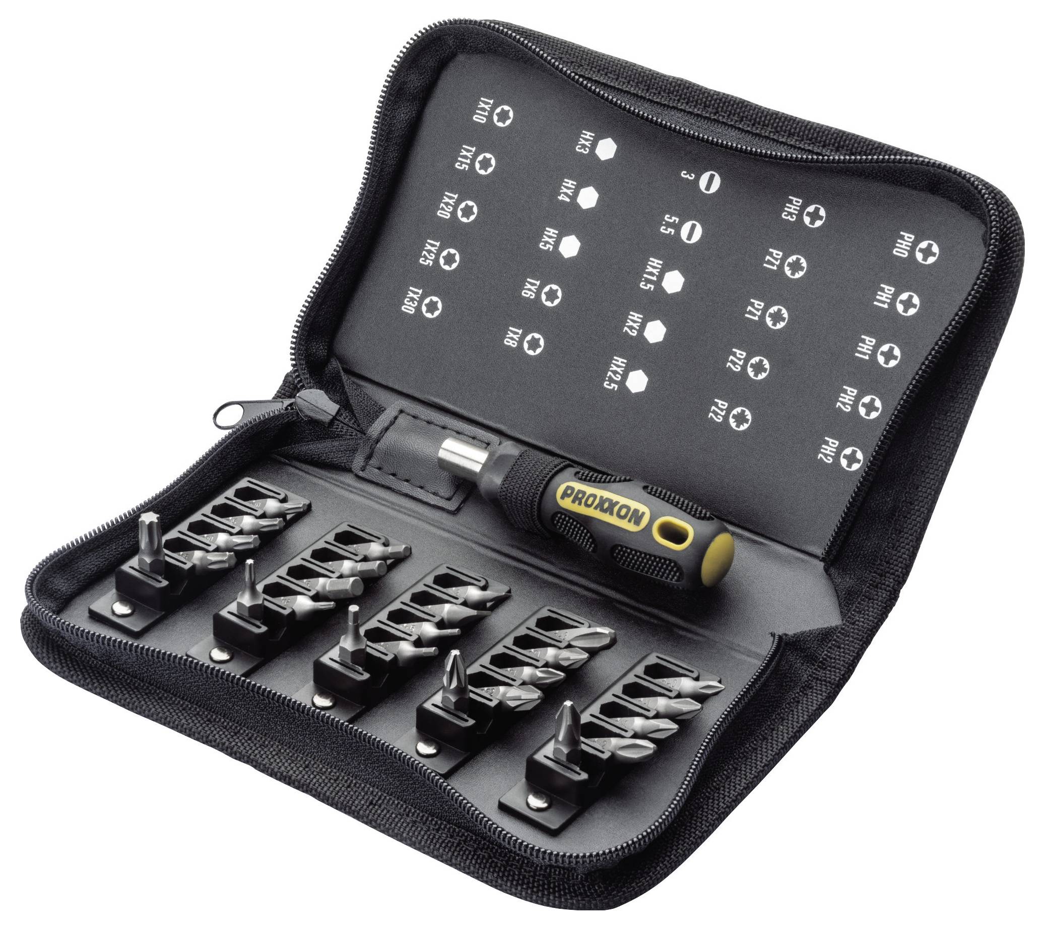 Mallette à outils noire fermée avec fermeture éclair contenant un tournevis à cliquet Proxxon, plusieurs porte-embouts et des tailles d'embouts étiquetées à l'intérieur du couvercle.