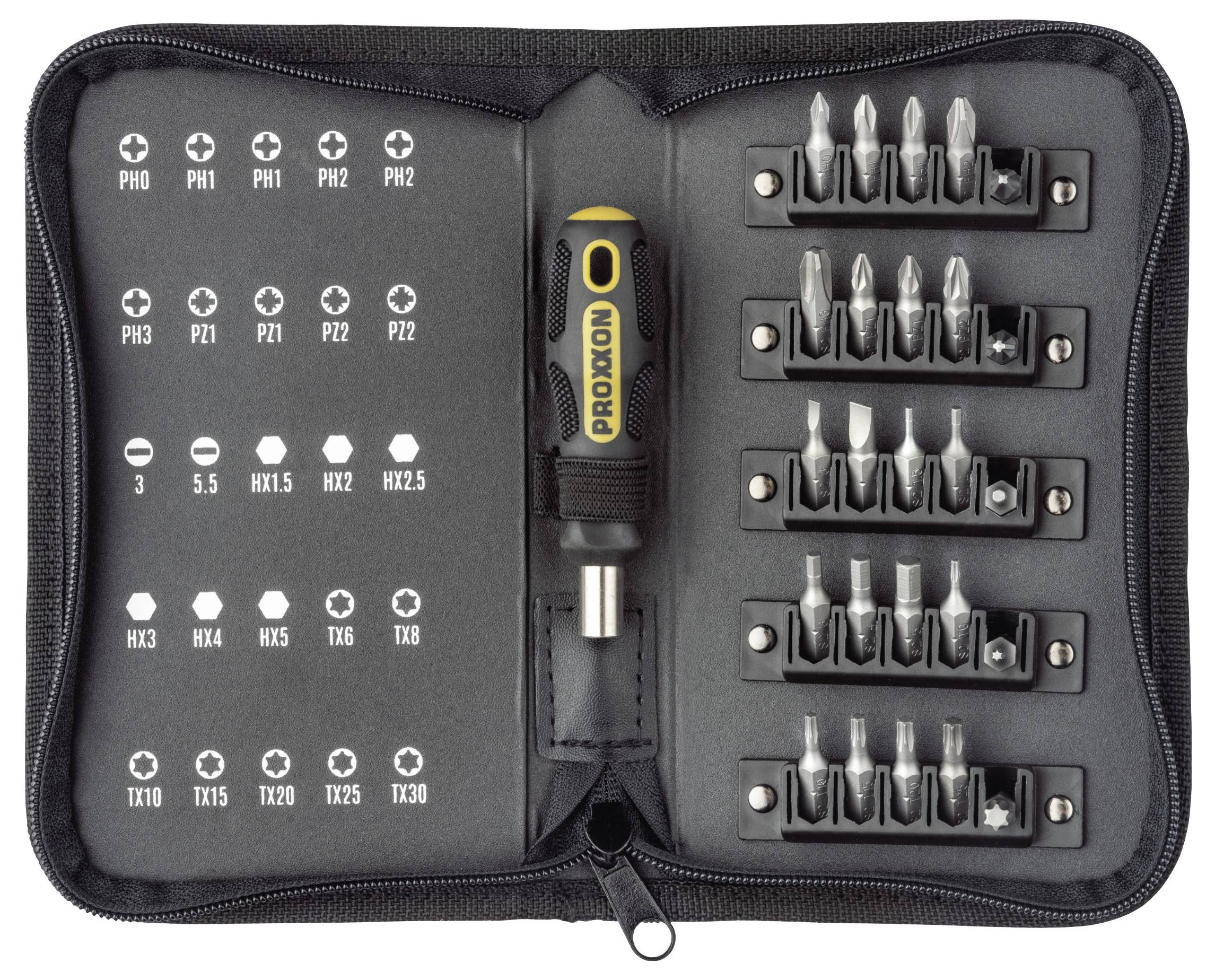 Étui à outils fermeture éclair ouvert avec un tournevis PROTOX et des embouts étiquetés pour les tailles PH, PZ, tournevis plat, hexagonal et Torx.