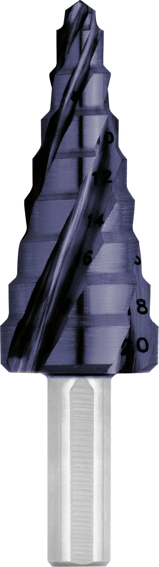 Foret hélicoïdal avec des marquages de diamètre échelonnés et des indicateurs de taille numérotés sur la surface de coupe.