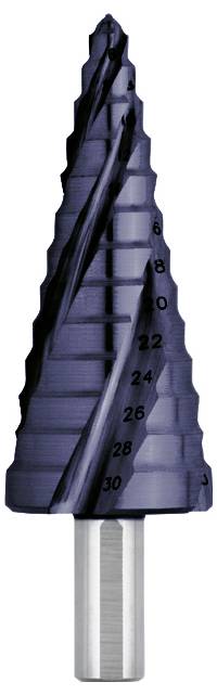 Un foret à métaux étagé avec des marquages de taille 6, 8, 20, 22, 24, 26, 28 et 30 sur son corps conique.