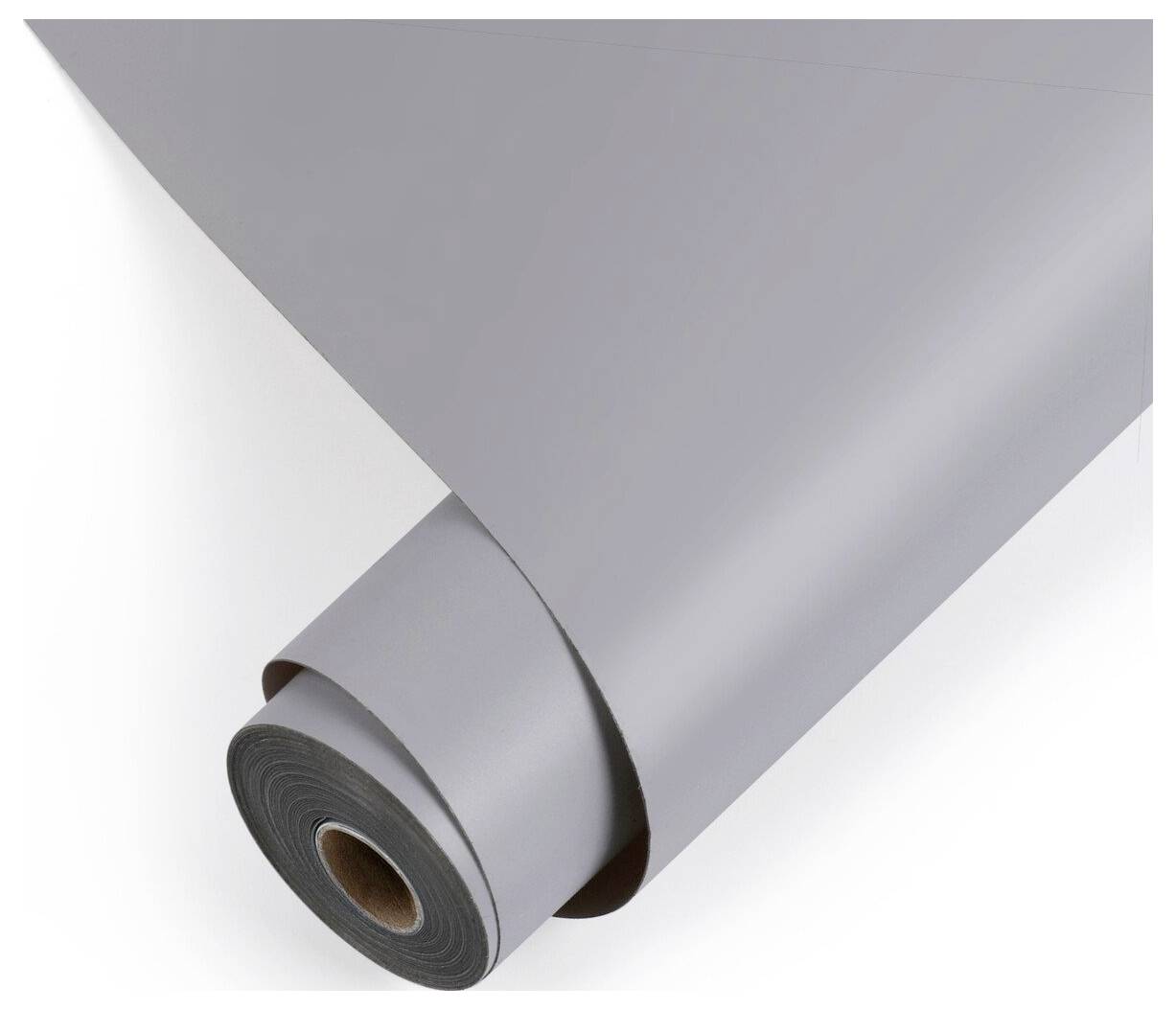 Matériau feuille gris enroulé ou vinyle avec un noyau en carton brun, présenté en diagonale sur un fond blanc.