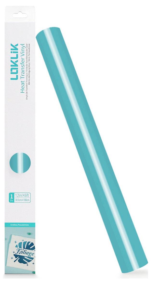 Rouleau de vinyle de transfert thermique LOKLiK turquoise montré à côté de sa boîte d'emballage sur un fond blanc.