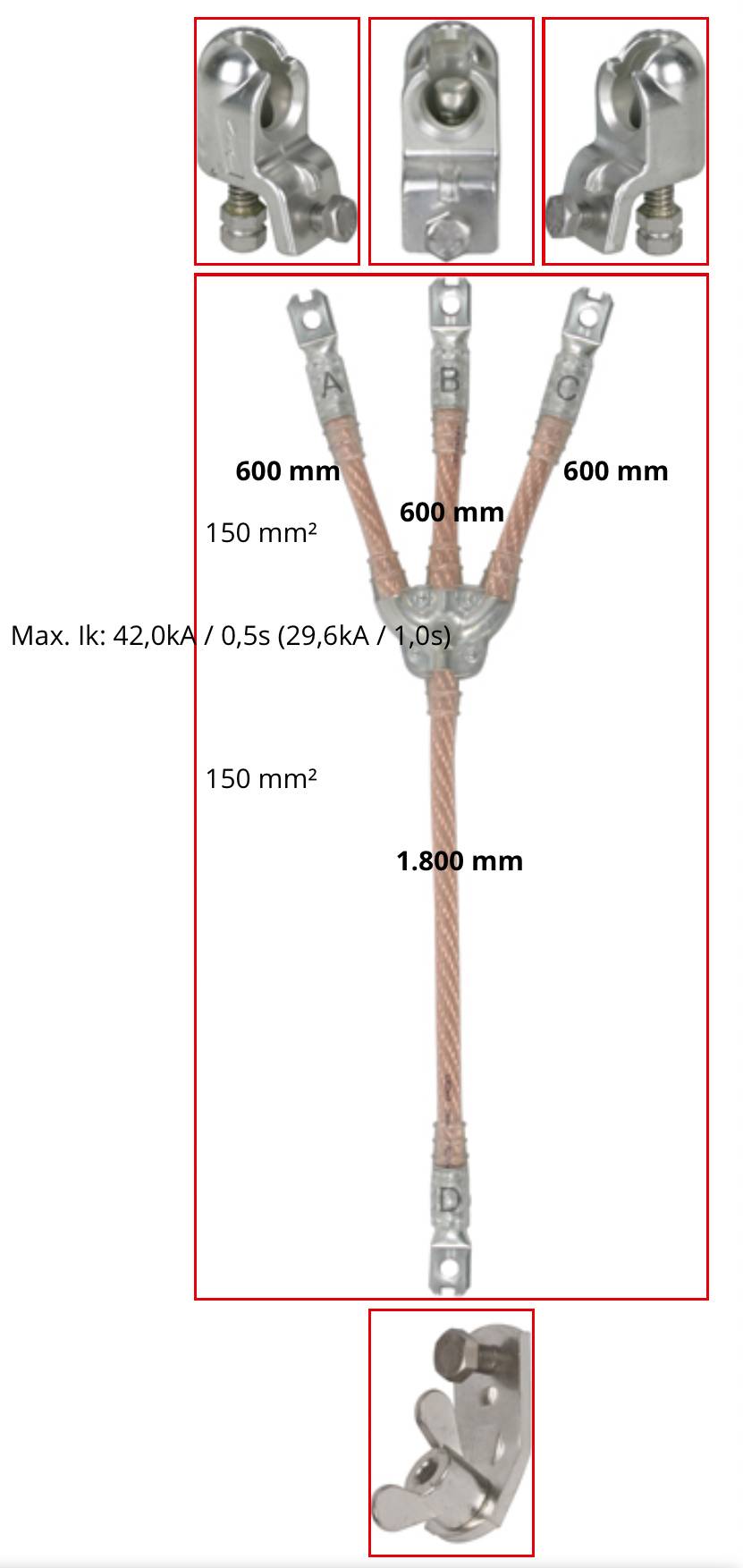 Diagramme d'un assemblage d'élingue en câble métallique avec trois embouts supérieurs et un crochet inférieur, montrant des jambes de 600 mm, une longueur totale de 1 800 mm, 150 mm², et une charge maximale de 42,0 kN.