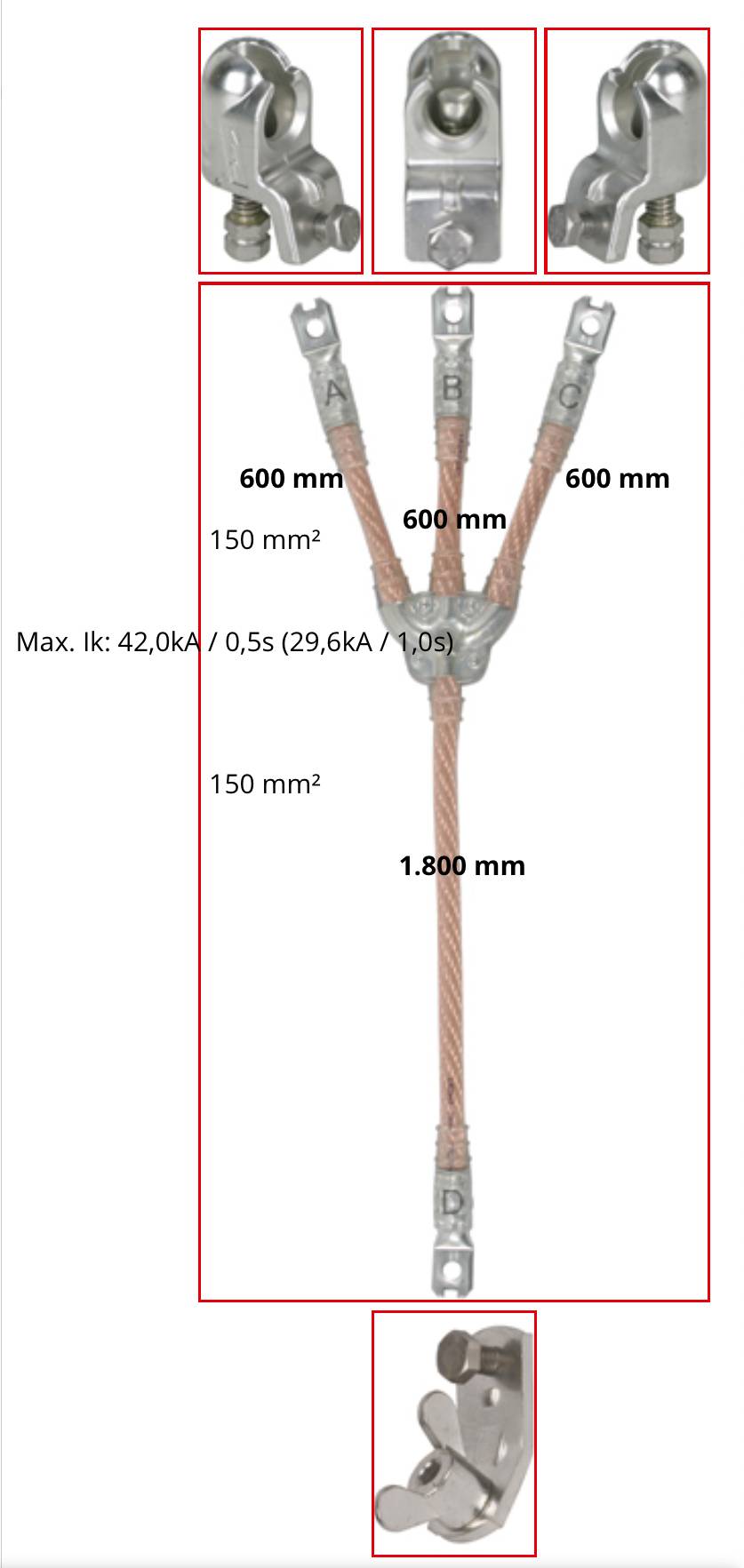 Diagramme d'un assemblage de connecteur de câble montrant trois terminaisons de serrage en haut, des branches de 600 mm, des conducteurs de 150 mm², et un câble principal de 1 800 mm ; Ik max 42,0 kA.