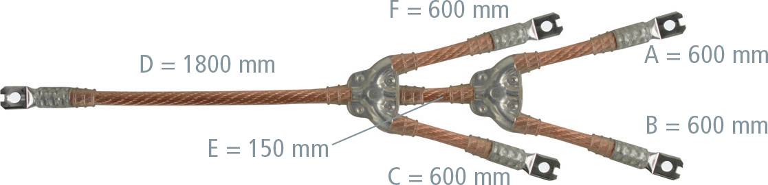 Diagramme d'un système de poulie à câble mécanique avec des dimensions étiquetées A-F, montrant les trajets des cordes et les positions des poulies pour un arrangement de charge multi-étages.