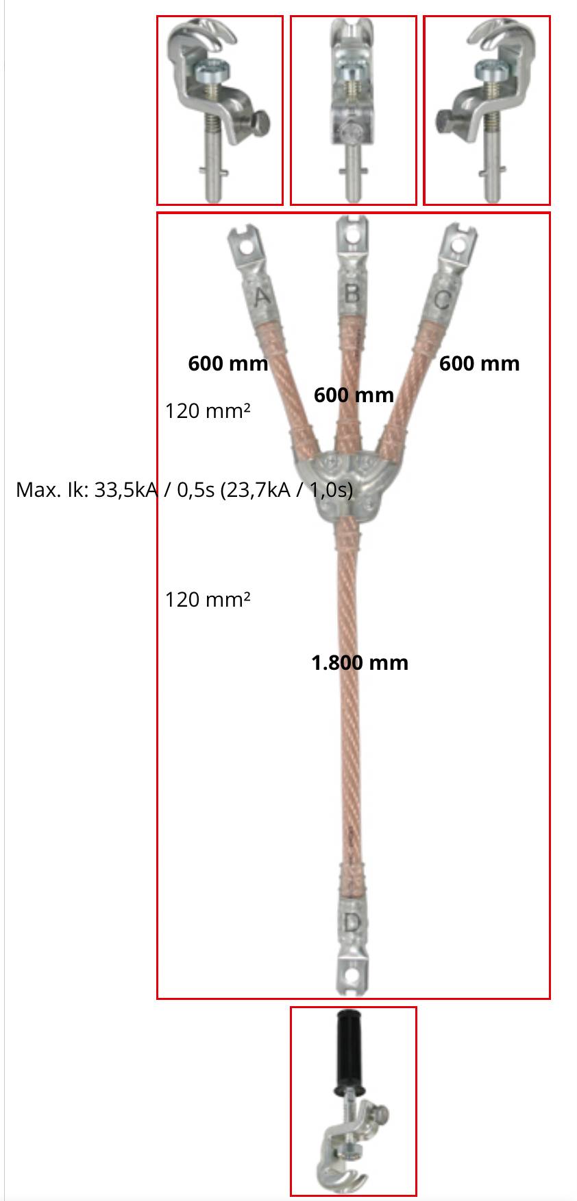 Schéma d'un épissure de câble à trois voies avec serre-câbles, montrant des longueurs de branche de 600 mm, une longueur principale de 1 800 mm, une section de conducteur de 120 mm² et un Ik max de 33,5 kA/0,5 s (23,7 kA/1,0 s)