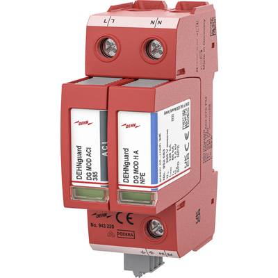 Module de protection contre les surtensions sur rail DIN rouge avec deux cartouches enfichables étiquetées « DEHNguard DGM M 255 » et marquages de bornes L/N et N/PE.