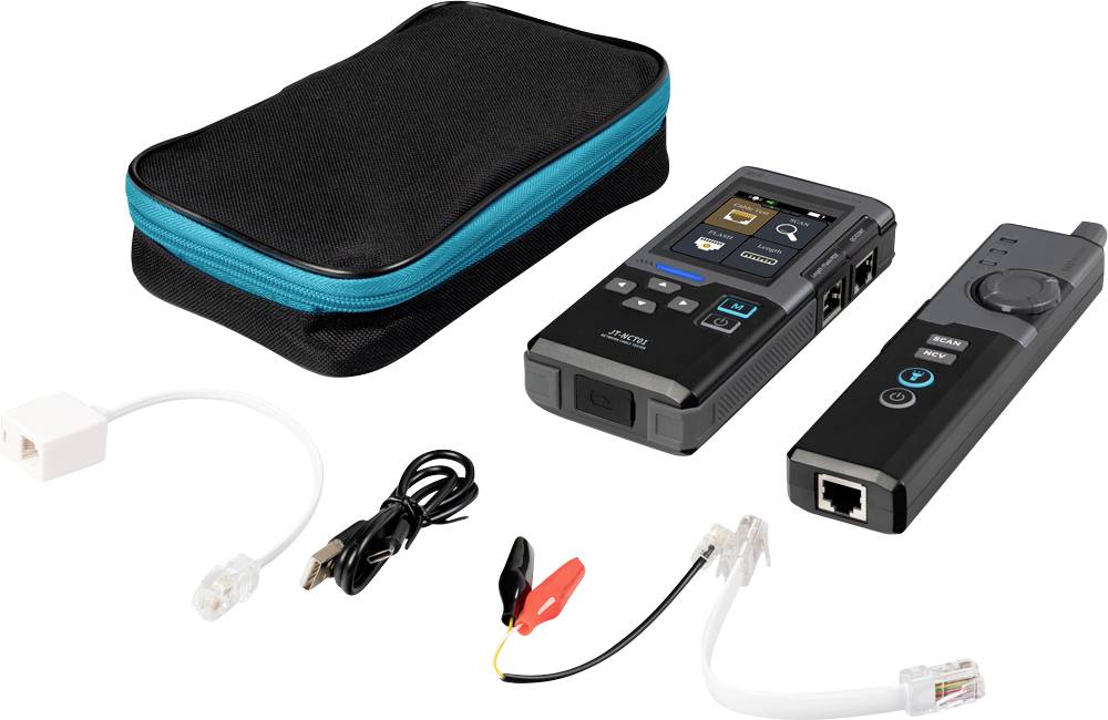 Kit testeur de câble réseau avec étui de transport, testeur principal et unité distante, câble USB, pinces crocodile et adaptateurs/accessoires Ethernet.