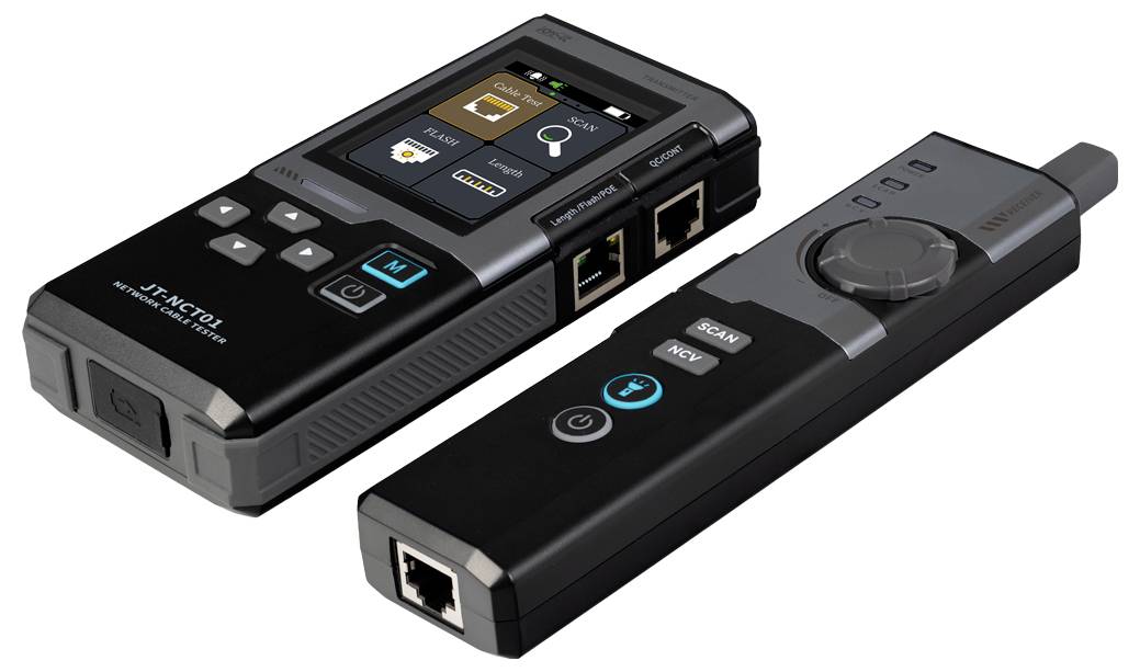 Deux testeurs réseau portatifs affichés sur un fond blanc, comprenant une unité tactile plus grande et un testeur de câble plus petit avec cadran et ports Ethernet.