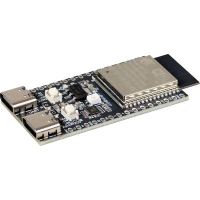 Petite carte de développement ESP32 avec USB disposant de deux ports USB-C, de boutons et d'un module blindé en métal sur une carte de circuit imprimé noire.
