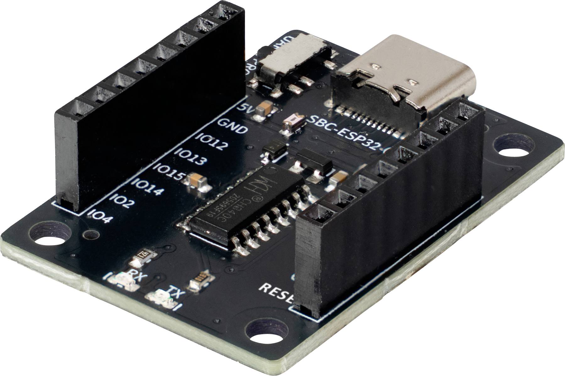 Carte de circuit SBC-ESP32 noire avec port USB-C, deux connecteurs à broches et connexions GPIO étiquetées