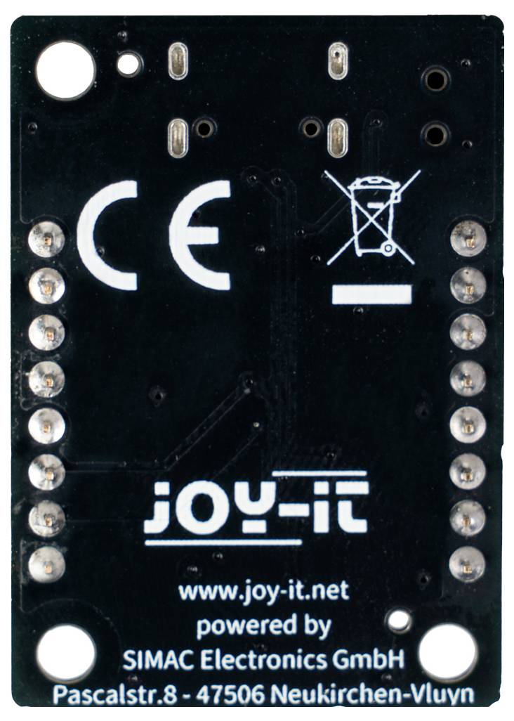 Gros plan d'une carte électronique noire avec les symboles CE et de poubelle barrée, étiquetée « joy-it » et « powered by SIMAC Electronics GmbH ».