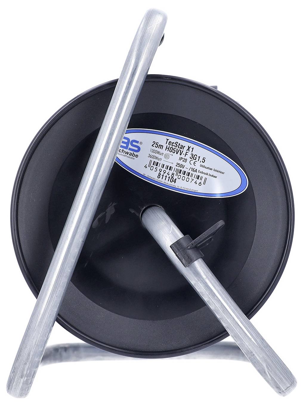 Bobine de câble noire avec poignée métallique et une étiquette visible indiquant « Teclan X1 », montrant une bobine de câble enroulée.