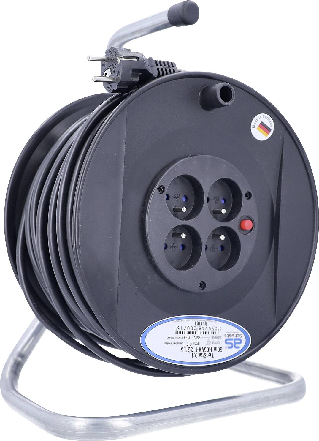 Bobine de câble noire avec quatre prises de courant et un bouton rouge, montée sur un support métallique.