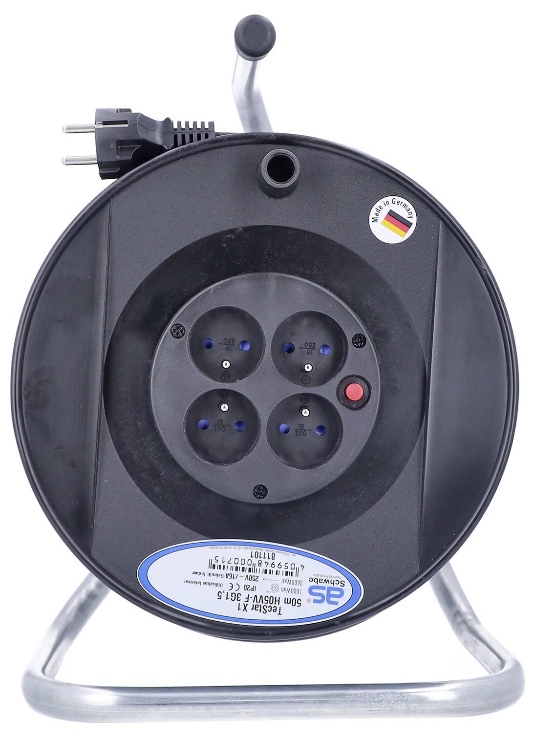 Une bobine de câble d'extension noire avec quatre prises, fiche d'alimentation et support métallique.