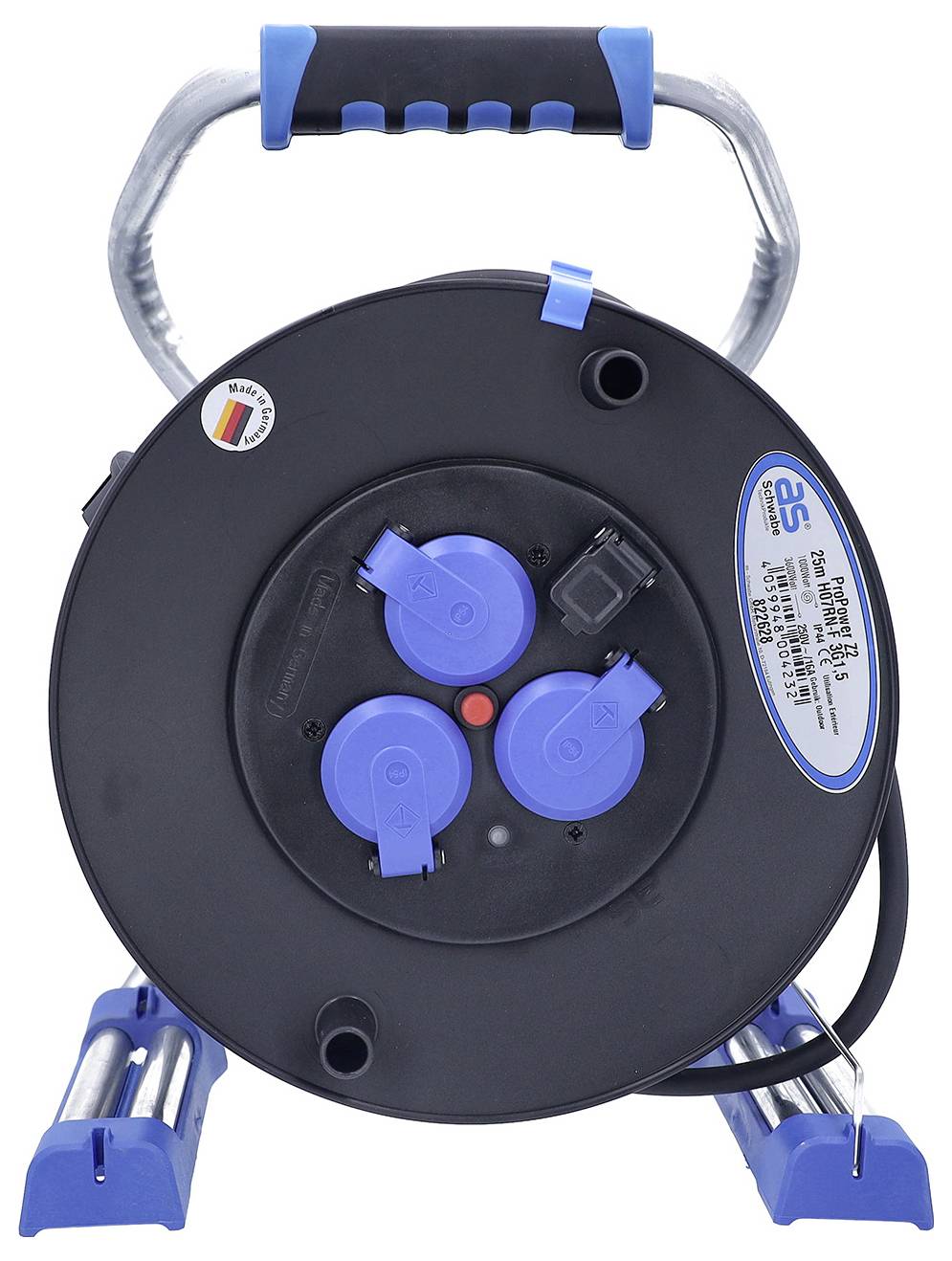 Dévidoir de câble noir portable avec poignée bleue et prises de courant, présenté sur fond blanc.