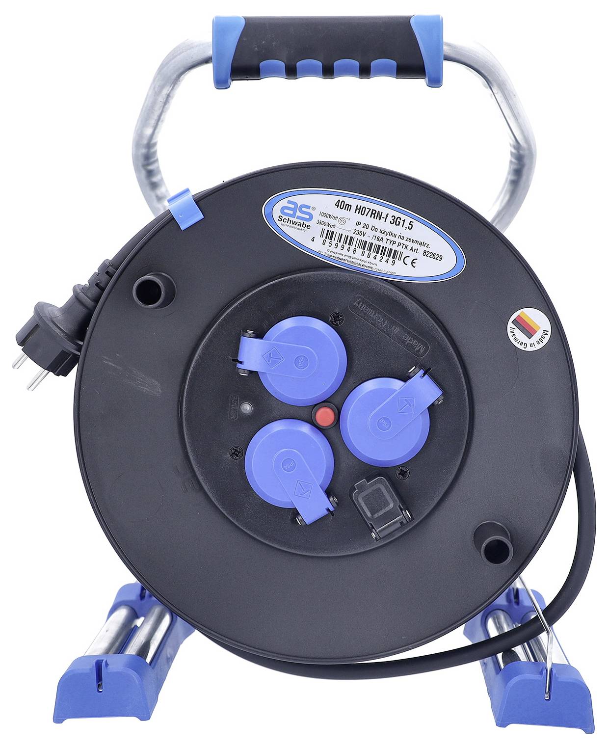 Bobine de câble noire avec poignée bleue, prises et fiche, présentée sur fond blanc.