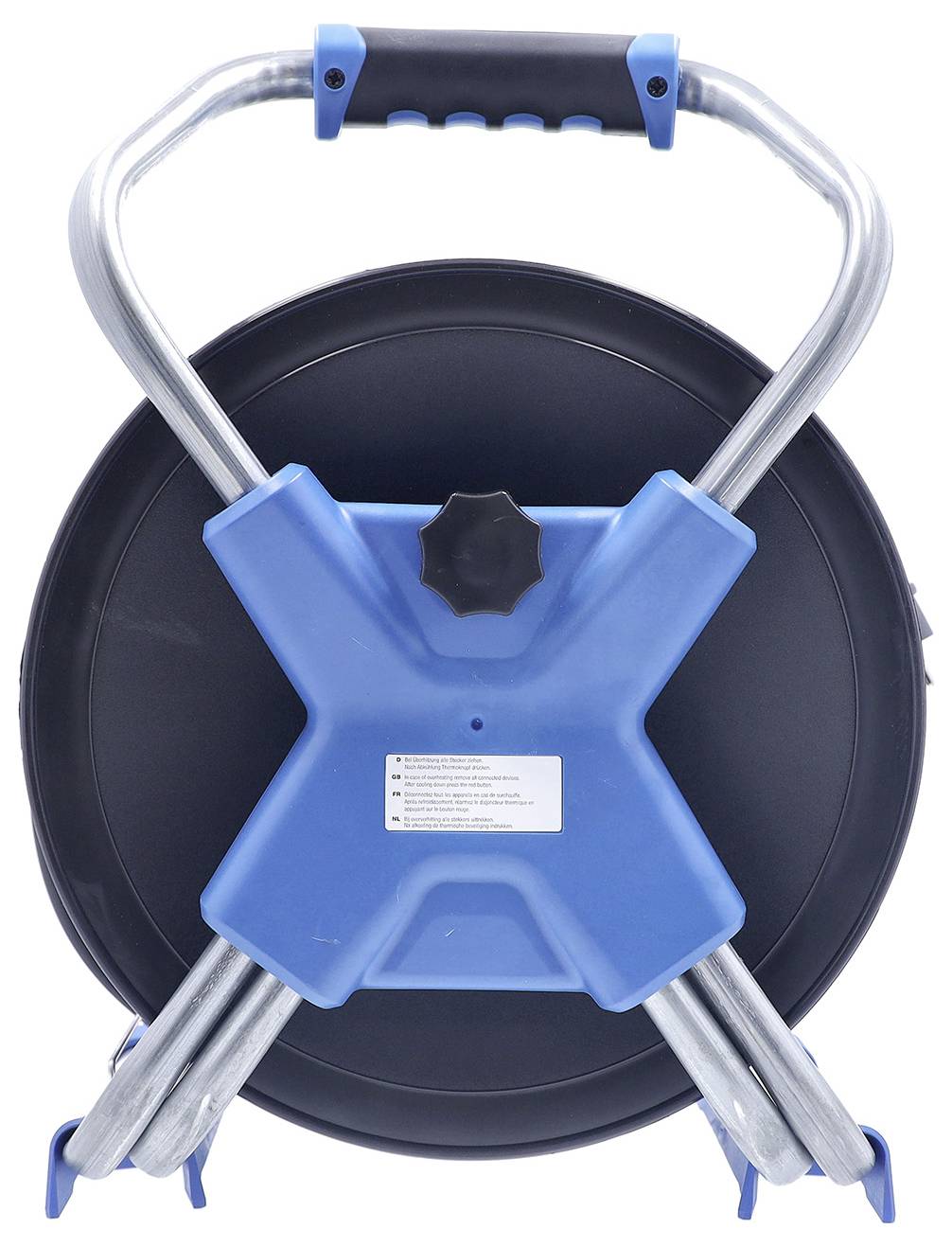 Chariot enrouleur de tuyau bleu et argenté avec tambour de tuyau noir, plié pour le rangement sur fond blanc.