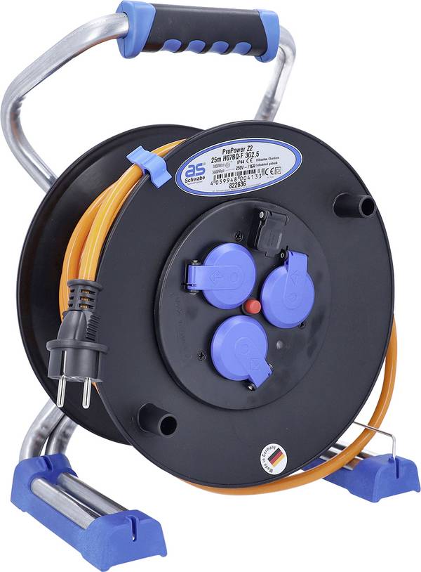 AS Schwabe 822636 Enrouleur de câble 25 m orange Prise mâle + contact de protection