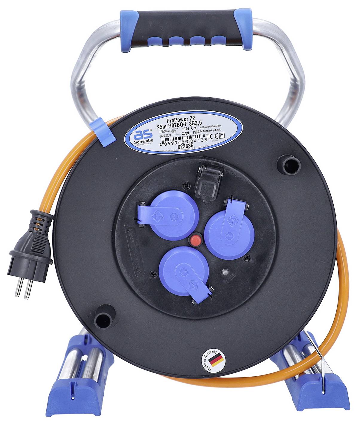 Un enrouleur de câble portable avec un cordon de rallonge orange, des prises de courant bleues et une poignée de transport en métal sur un support.