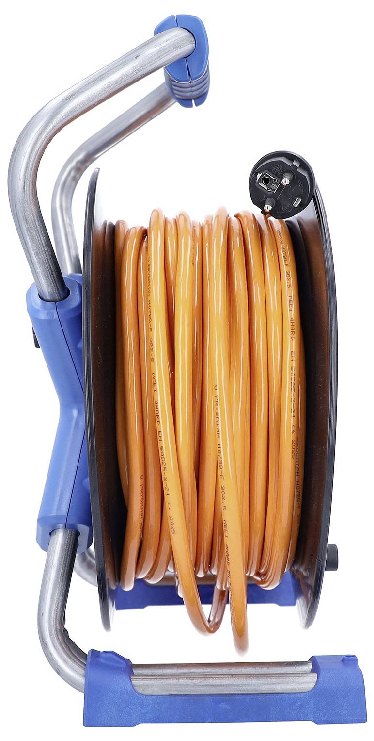 Enrouleur de câble portable avec câble de rallonge orange enroulé sur un cadre métallique bleu et un tambour noir, présenté sur fond blanc.