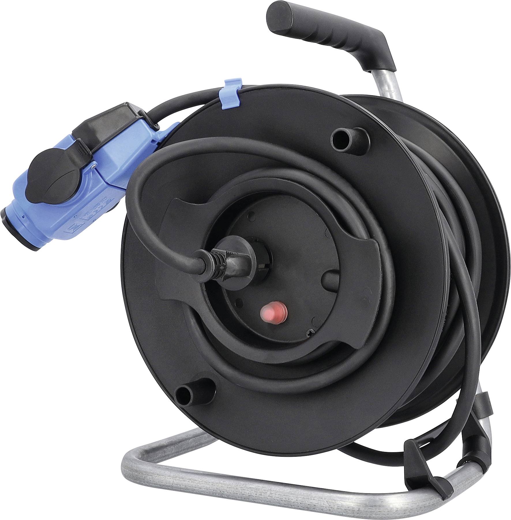 Enrouleur de câble portable avec bobine noire, prise bleue et cordon d'alimentation noir sur un support métallique.
