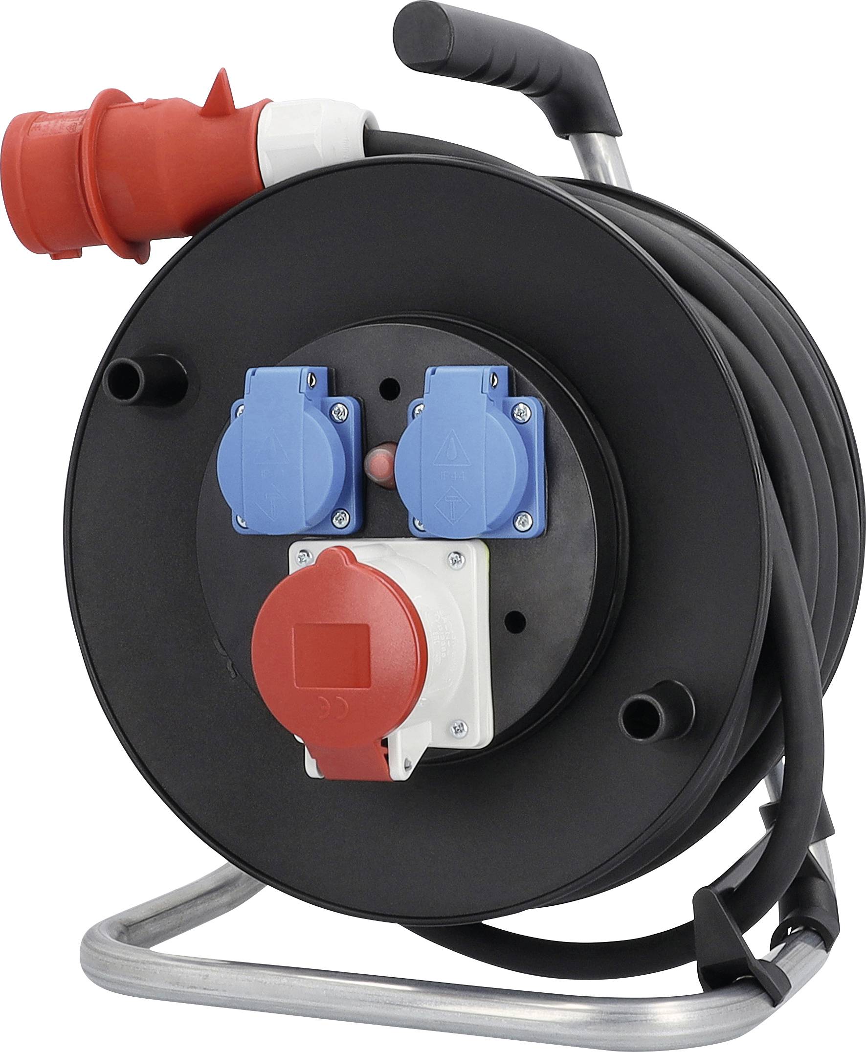 Enrouleur de câble portable avec des prises électriques rouges et bleues et un cordon d'alimentation noir enroulé sur un support métallique.
