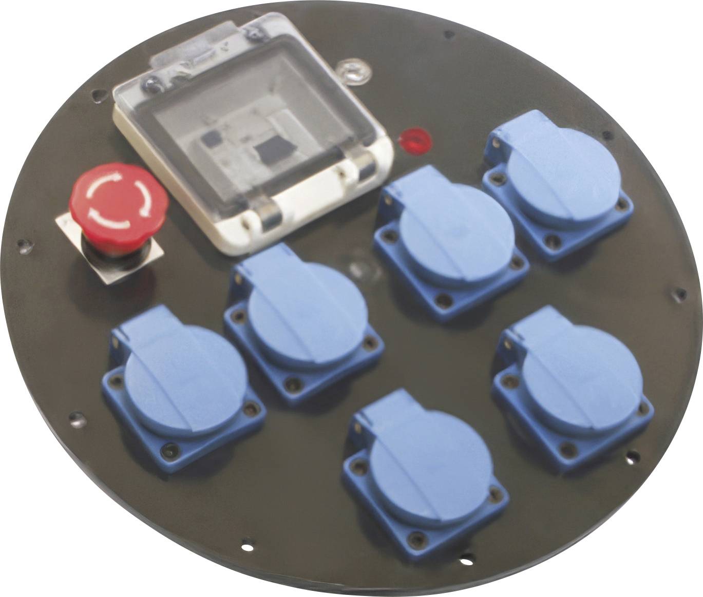 Panneau électrique noir rond avec six prises recouvertes de bleu, un bouton d'arrêt d'urgence rouge et un couvercle de commutateur de protection transparent.