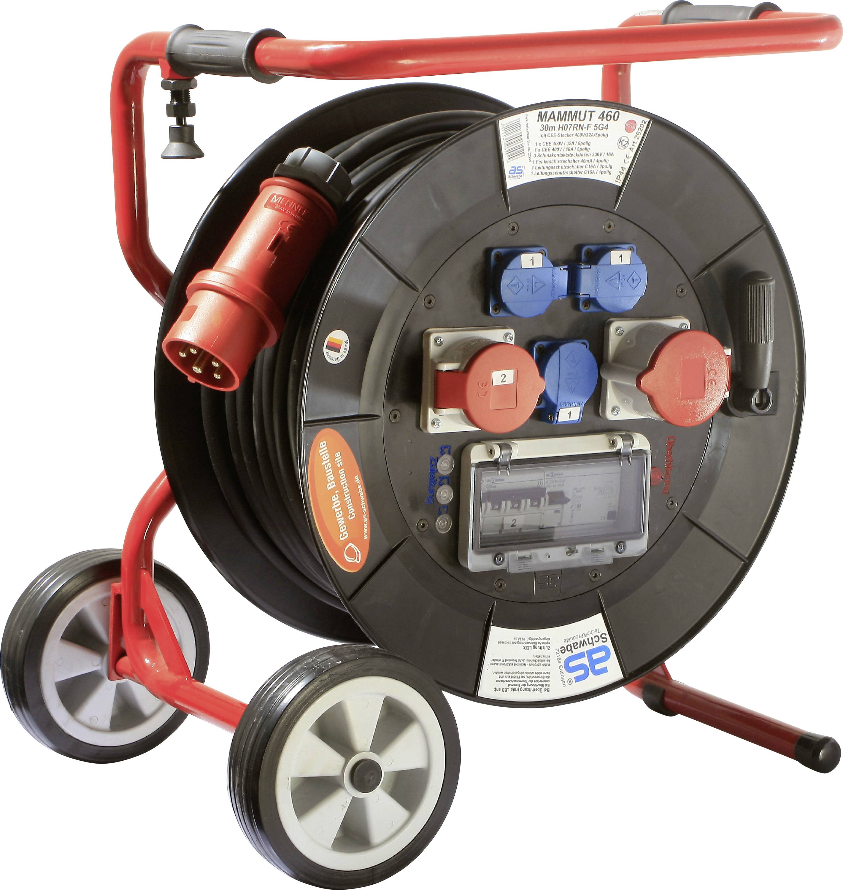 Enrouleur de câble portable sur un châssis rouge à roulettes, avec câble d'alimentation enroulé et plusieurs prises électriques bleues et rouges sur le panneau avant.