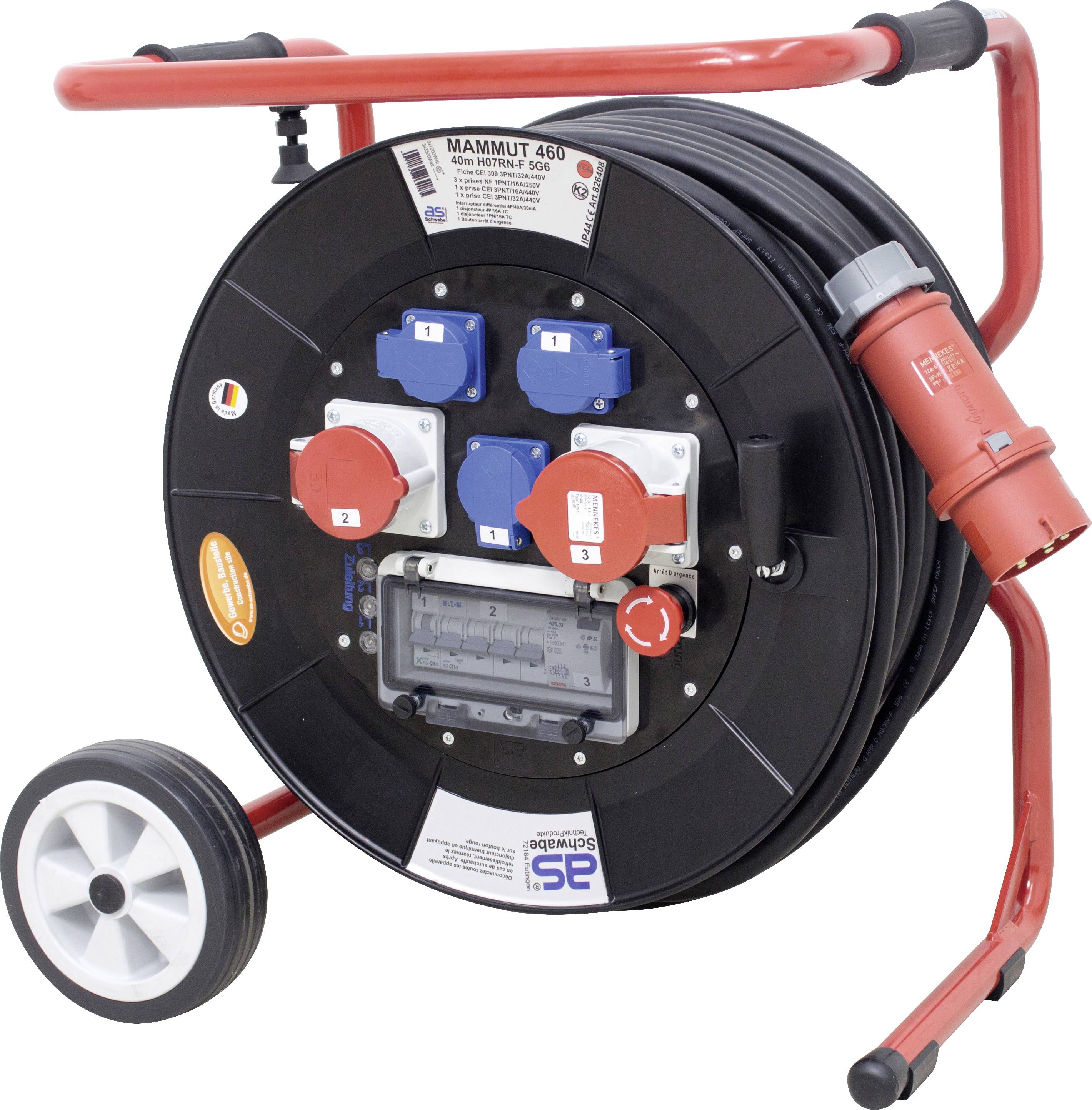 Enrouleur de câble industriel portable avec multiples prises de courant, disjoncteur, et châssis rouge sur roues pour la distribution d'électricité sur chantier.
