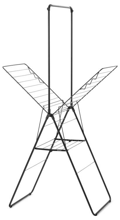 Séchoir à vêtements pliable en métal avec quatre bras inclinés et une barre de suspension supérieure.