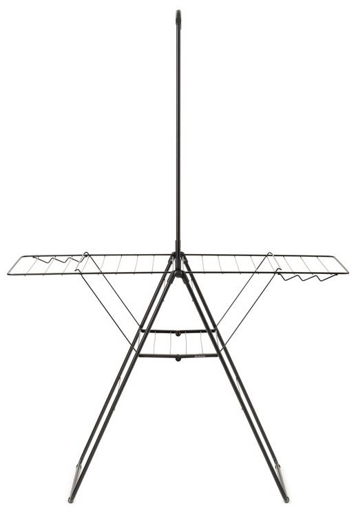 Un séchoir à linge en métal noir avec deux étagères latérales, une tringle de suspension centrale et des pieds en A pliables sur un fond blanc.