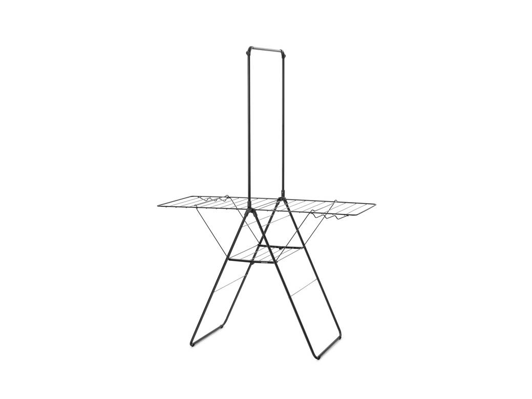 Séchoir à vêtements pliant en fil métallique avec deux tiges verticales hautes, des supports latéraux triangulaires et une surface de séchage horizontale.